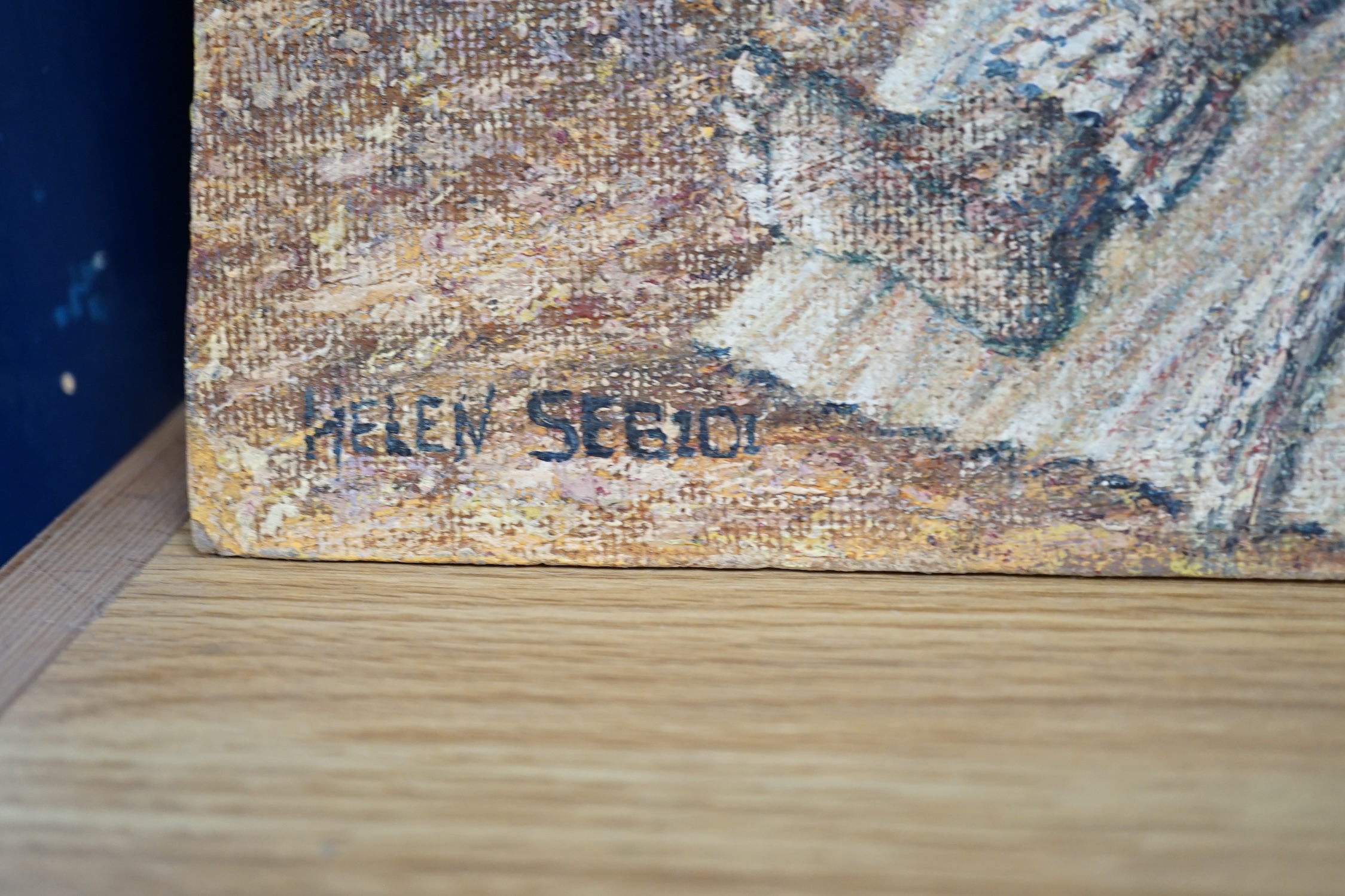 Aboriginal oil on board, Seated figure, indistinctly signed, Helen See?, 30 x 51cm. unframed. Condition - fair